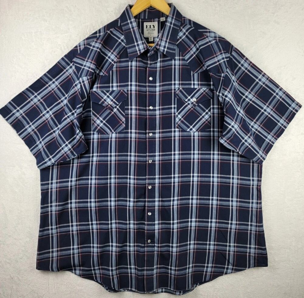 Ely Cattleman Shirt Men Western Short Sleeve Snap Pockets Blue Plaid Ranch 3XLT